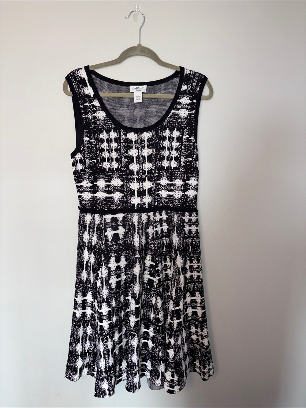 Carmen Marc Valvo Black & White Abstract Print Sleeveless Sweater Dress Large